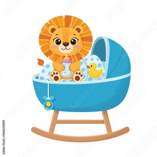 Vector art of cute baby lion cub sitting in a blue rocking bassinet with a rubber duck and bottle