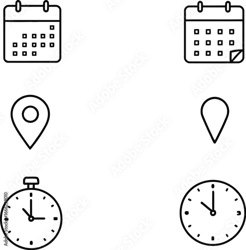 Calendar location time vector icons set schedule date stopwatch clock event planning reminder symbols outline design elements
