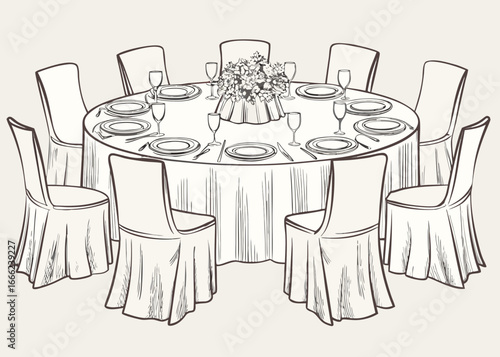 Elegant round banquet table setting with floral centerpiece and chairs