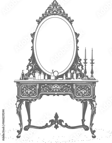 Vintage ornate dressing table with mirror vector illustration antique furniture vanity elegant decorative classic design