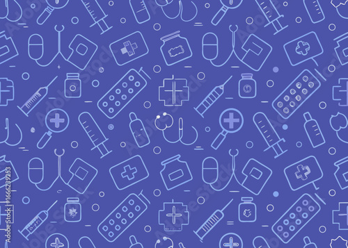 Medical healthcare icons pattern with syringes and stethoscopes on blue background