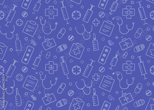 Seamless pattern of medical icons including stethoscopes syringes pills and crosses