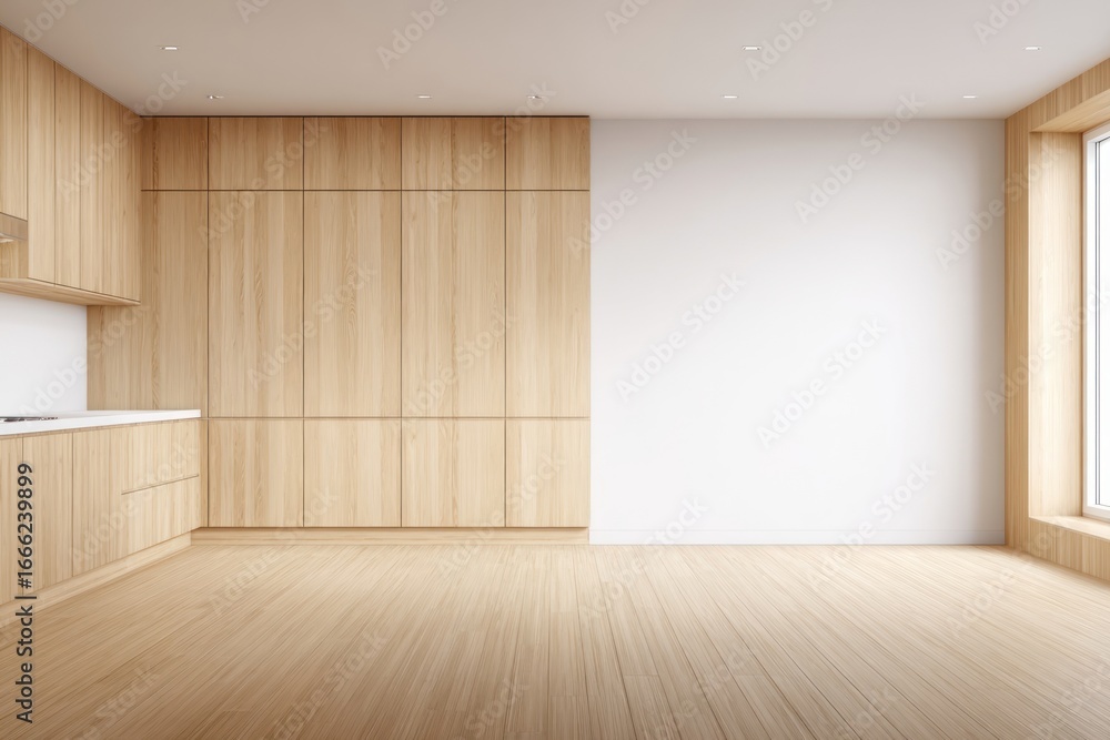 Fototapeta premium Empty modern kitchen with light wood cabinetry