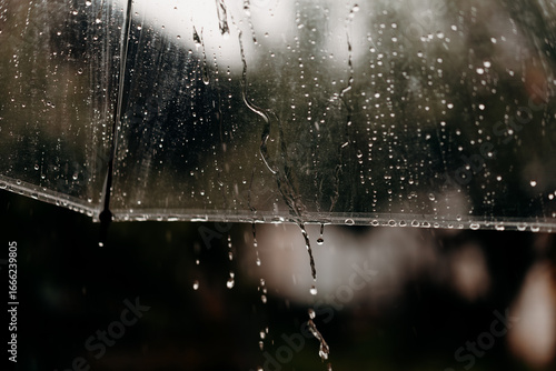 Detail shot of clear umbrella with raindrops sliding down during autumn drizzle, macro focus on water flow.
