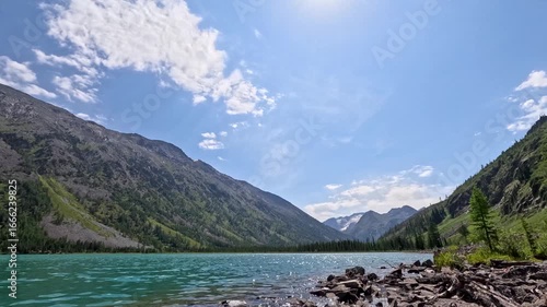 Katun River and Mountains on a Sunny Summer Day. Mountain Altai. Timelapse