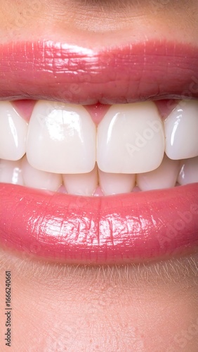 Close-up of a radiant smile showcasing perfectly aligned, bright white teeth and glossy, coral-pink lips.