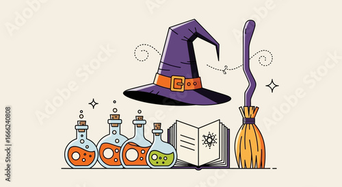 Flat lay illustration of a witch's hat, potions, spellbook, and broom against a beige background, featuring a vibrant Halloween color palette and a whimsical line art