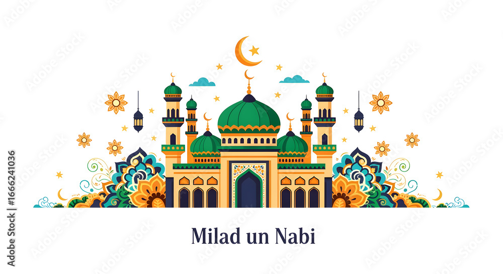 Fototapeta premium Stylish colorful Islamic mosque background with glowing crescent elements for Ramadan Kareem and Milad un Nabi greetings