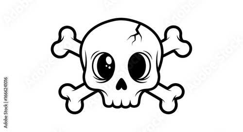 Cute cartoon skull and crossbones illustration, black and white line art style, against a white background, simple design, kawaii aesthetic.