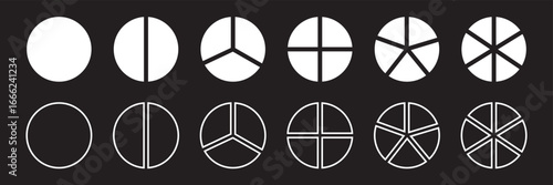 Pie chart segments and outlines set.  Collection of pie chart graphics showing filled and outlined circular segments in different divisions, perfect for infographics or presentations. 