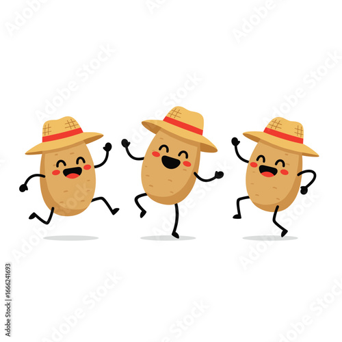 Joyful potato characters wearing hats dancing with smiles, perfect for fun food designs and cheerful projects