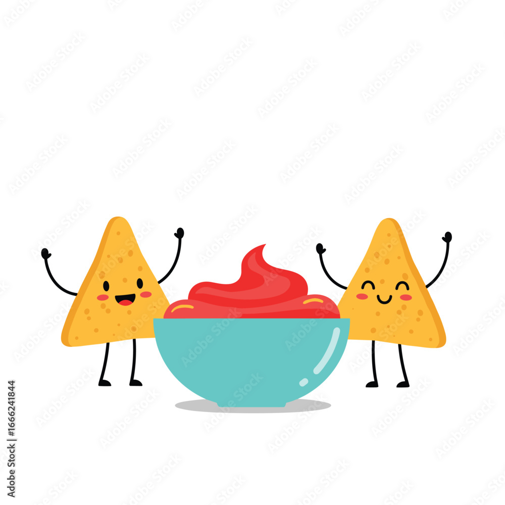 Naklejka premium Happy cartoon nachos with salsa, perfect for food blogs, restaurant menus, and fun design projects