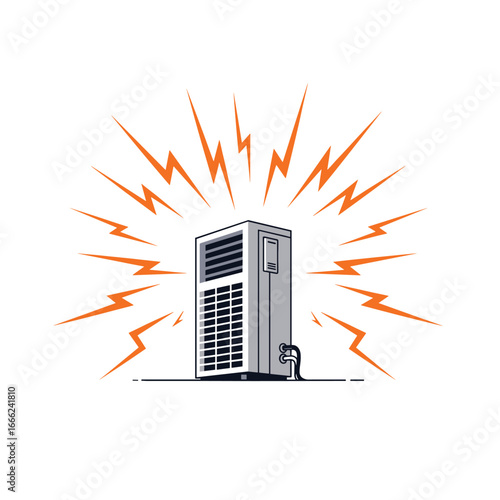 Powerful air conditioning unit with energy bursts represents cooling and climate control solutions