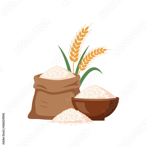 Fresh rice harvest with wheat stalks in a bowl and burlap bag for food concepts
