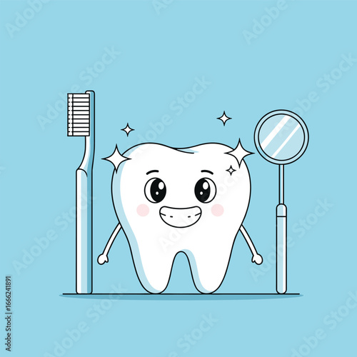 Cute cartoon tooth smiling with toothbrush and dental mirror for oral health and hygiene