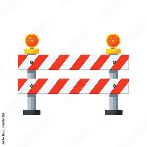 Construction barricade with flashing lights indicating road work, danger, and safety measures