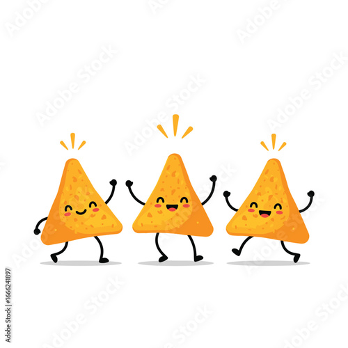 Cheerful cartoon nachos characters celebrating, perfect for food blogs, restaurant menus, and fun designs