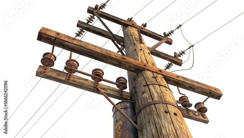 Old Wooden Utility Pole with Power Lines, Rust Vintage Wooden Electric Pole, isolated on transparent background, cutout .
