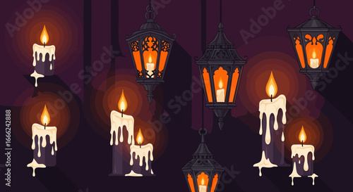 Close-up illustration of lit candles and hanging lanterns against a dark purple background, featuring a warm, moody ambiance in a flat-lay composition.