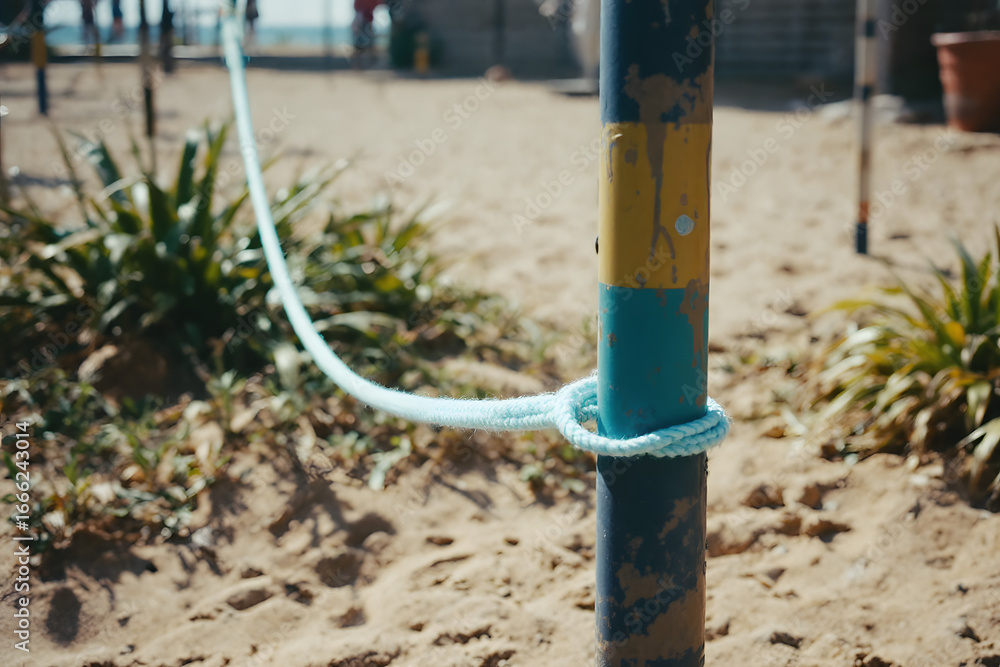 Fototapeta premium Knotted Rope on a Weathered Beach Post Simple Security Connection