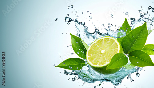 Fresh Lime Splash with Water Droplets and Leaves