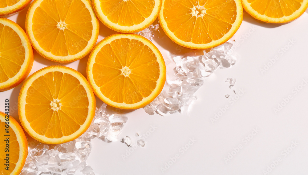 Fototapeta premium Fresh Orange Slices with Crushed Ice on White Background