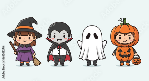 Flat lay illustration of four children dressed in cute Halloween costumes: witch, vampire, ghost, and pumpkin; against a light blue background, conveying a playful mood.
