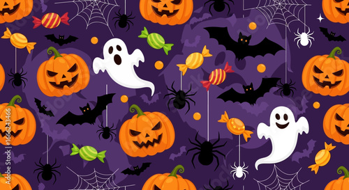 Flat lay Halloween pattern featuring pumpkins, ghosts, bats, spiders, and candy on a purple background with a spooky and playful mood.
