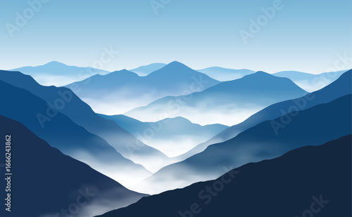 	
Vector panoramic landscape with blue misty silhouettes of mountains and clear sky