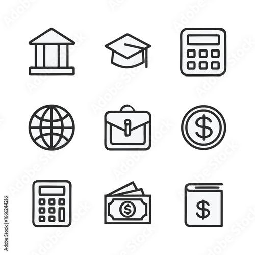Financial and educational icons set on white background
