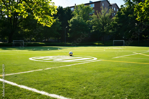 Soccer Ball on Field Under Trees Green Grass Sunny Day Outdoor Shot