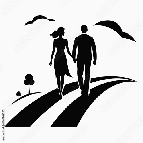 Couple walk in road vector clean black silhouette design white background