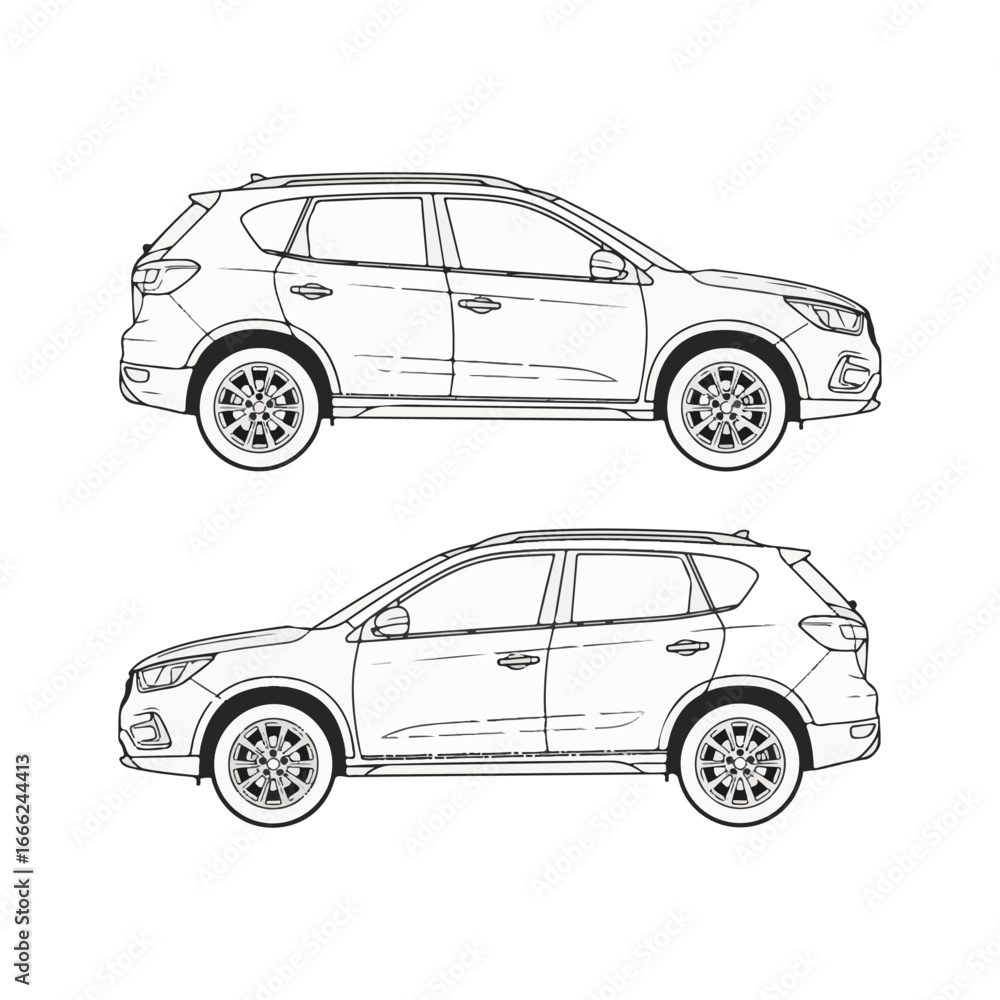 Naklejka premium Two black and white line art illustrations of a modern SUV car from a side profile view.