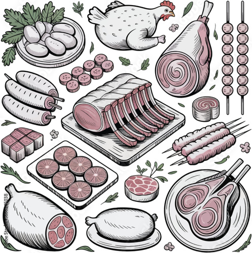 Hand- Drawn Illustration of Various Raw Meats and Sausages butcher shop
