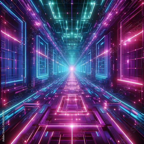 Futuristic Digital Tunnel – Neon Cyber Grid with Glowing Light Perspective