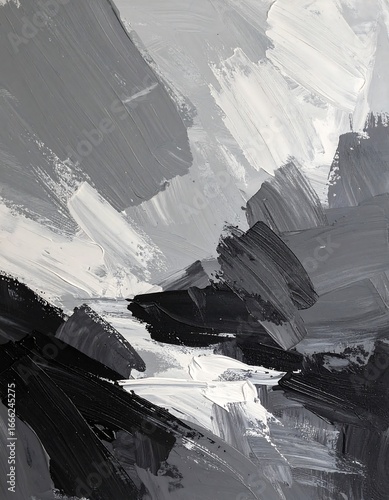 A textured monochrome painting with expressive brushstrokes, conveying a sense of depth and movement through variations in shades of gray, white, and black.