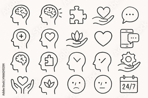 Mental health and wellbeing icons set brain head