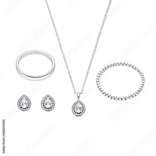 Elegant Diamond Jewelry Set Featuring Necklace Bracelet Earrings and Ring Against a Dark Background Perfect for Wedding Engagement or Anniversary Gift Presentation