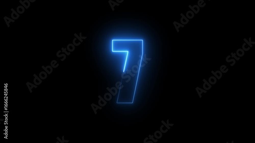 Abstract glowing neon text 07 number countdown icon. Glowing sign on black background Neon number 7 with alpha channel, simple blue neon color. Seamless loop style animation.4k video.