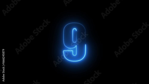 Abstract glowing neon text 09 number countdown icon. Glowing sign on black background Neon number 9 with alpha channel, simple blue neon color. Seamless loop style animation.4k video.