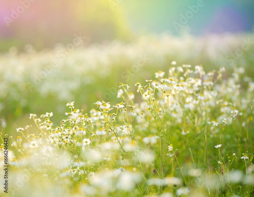 A field of wildflowers, bathed in soft sunlight, showcases a multitude of delicate white daisies, creating a serene and tranquil scene.