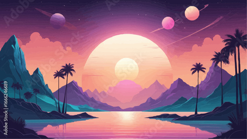 Vector surreal coastal sunset scene