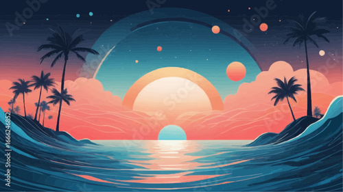 Minimalist geometric seascape with wavy abstract ocean
