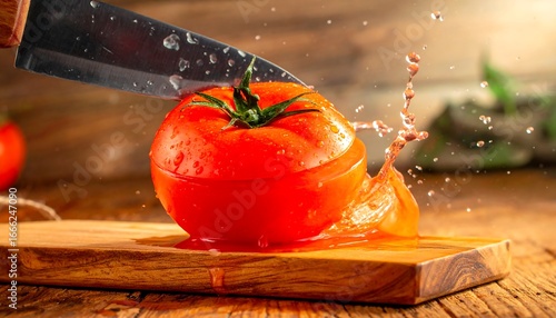A vibrant tomato is sliced with a knife, creating a burst of juicy droplets on a wooden cutting board.