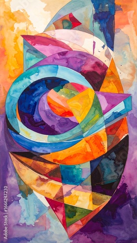 A vibrant, abstract watercolor piece featuring a dynamic interplay of geometric shapes and swirling colors.