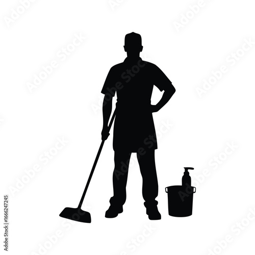 Silhouette of a man wearing uniform cleaning with a mop and bucket, Cleaning  man silhouette vector illustration
