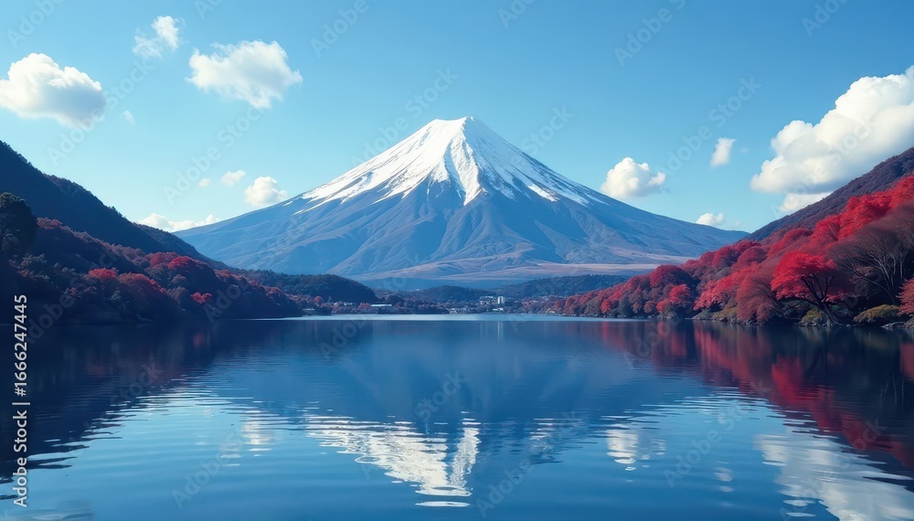 Naklejka premium Fuji's snow-capped summit dominates Kawaguchiko's tranquil waters , view, travel, tranquil
