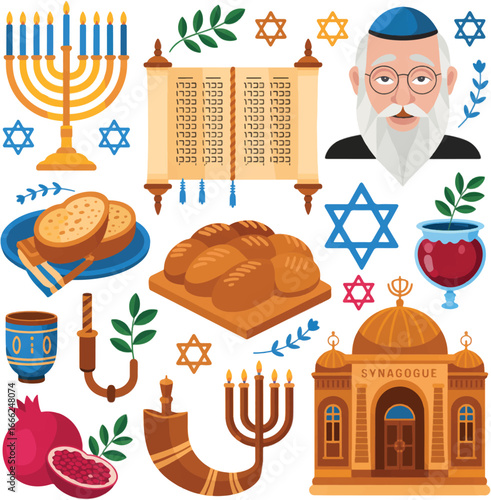 Jewish Holiday and Religious Symbols Collection with Menorah and Torah religion