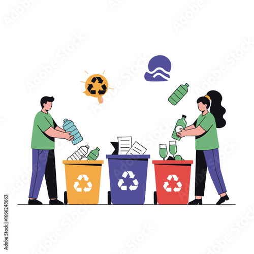 People sorting waste for recycling promoting eco-friendly habits and sustainability for a cleaner planet.
