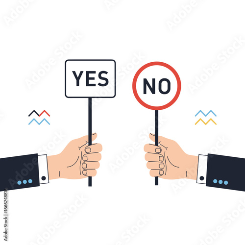 Business decision making with contrasting yes or no signs held by hands